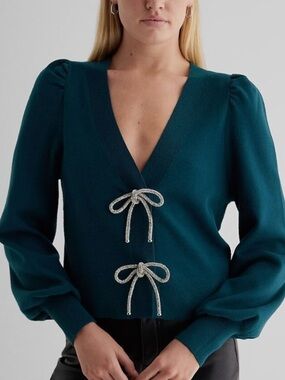 Express Teal V-Neck Sweater with Bow Tie Details
